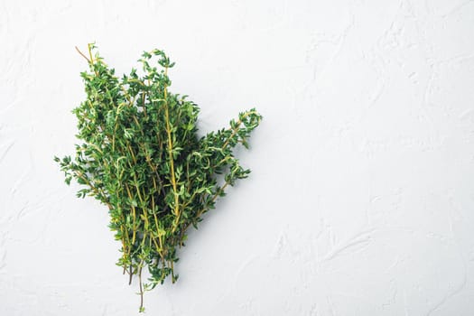 Thyme green organic bunch of herb, on white background, top view with copy space for text
