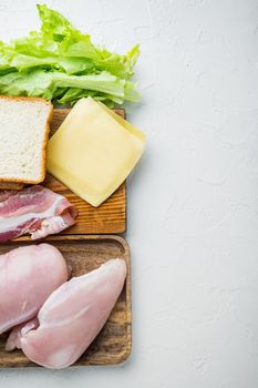 Delicious sandwich with toasted bread ingredient, on white background, top view with copy space for text