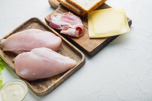 Fresh ingredient for tasty sandwich, on white background with copy space for text