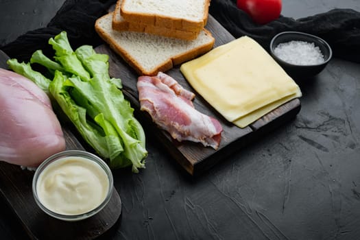 Fresh ingredient for tasty sandwich, on black background with copy space for text