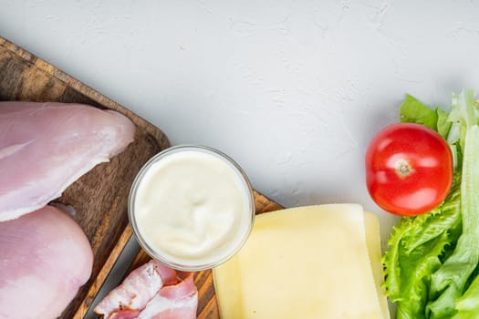Fresh ingredient for tasty sandwich, on white background with copy space for text