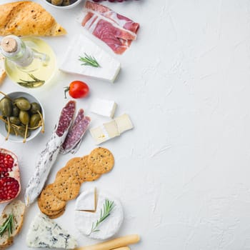 Ingredients for Italian food, meat cheede, herbs set, on white background, top view with copy space for text