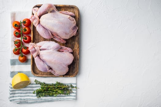 Raw coquelet chickens meat with herbs and ingredients, on white background, top view with copy space for text