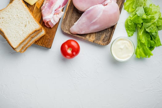 Fresh ingredient for tasty sandwich, on white background with copy space for text