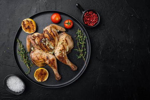 Fried chicken meat, on black background, top view with copy space for text