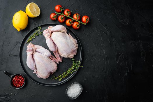 Fresh whole poult meat with herbs spices, on black background, top view with copy space for text