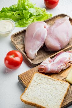 Fresh ingredient for tasty sandwich, on white background