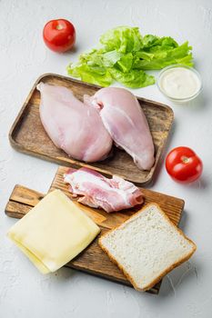 Ingredients for sandwich, bacon, cheese, tomato, chicken meat, lettuce, sauce, on white background