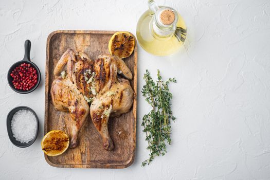 Homemade roasted chicken food, on white background, top view with copy space for text