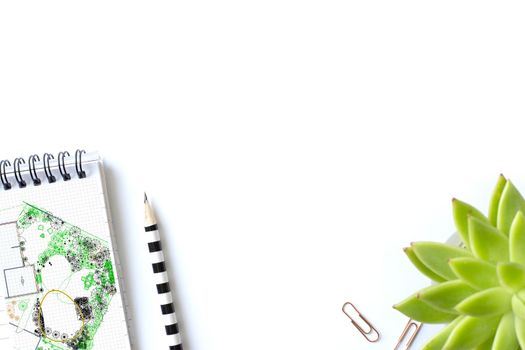 Notepad with spiral, pensil, clippers and home plant in soft focus on white background, Stationery flat lay. Back to school. White background. Mock up