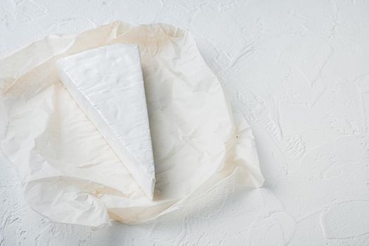 Brie type of cheese set, on white background with copy space for text