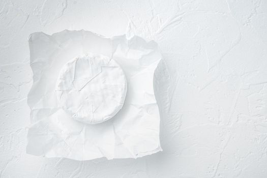 Farm cheese camembert set, on white background, top view with copy space for text