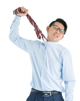 Male wearing blue shirt and red tie reaching hand out isolated on white background