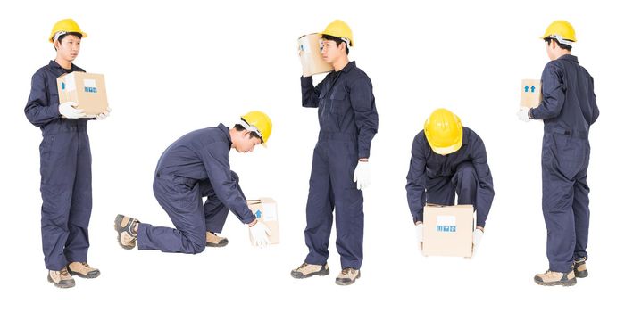 Man in uniform lifting the paper box, Isolated on white background