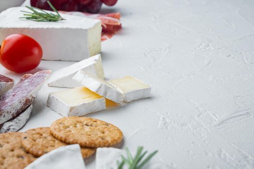 Spanish snacks, meat cheese, herbs set, on white background with copy space for text