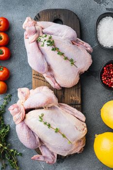 Whole raw free range fresh chicken with herbs and ingredients, on gray background, top view