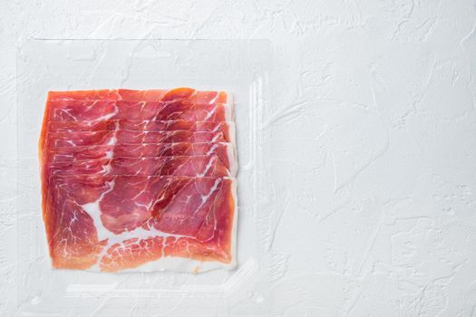 Italian antipasto hamon set, on white background, top view with copy space for text