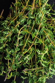 Thyme green fresh bunch, on black wooden background, top view