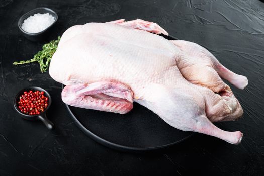 Whole raw duck meat on black background.