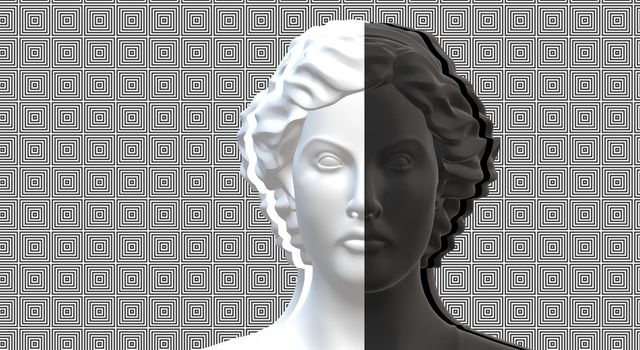 Split personality concept, mental illness, stress. Bust of female in two colours black and white on abstract background. 3D render