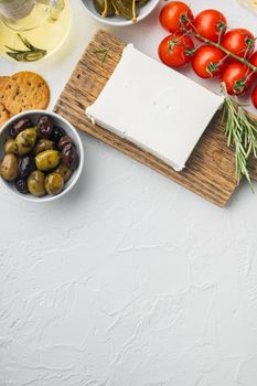 Cheese feta greek salad ingredient, on white background, top view with copy space for text