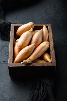 Raw whole baby shallot onion, on black textured background