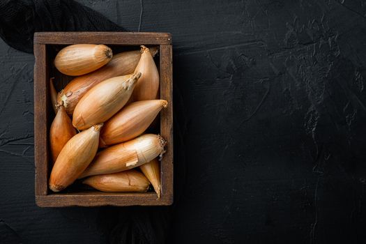 Raw whole baby shallot onion, on black textured background, flat lay with space for text