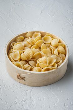 Durum wheat semolina pasta, on white background