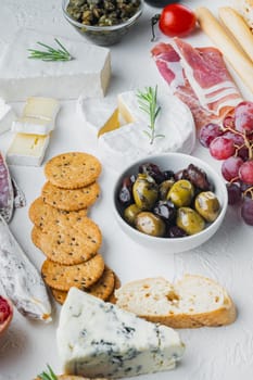 Ingredients for mediterranean food, meat cheede, herbs set, on white background
