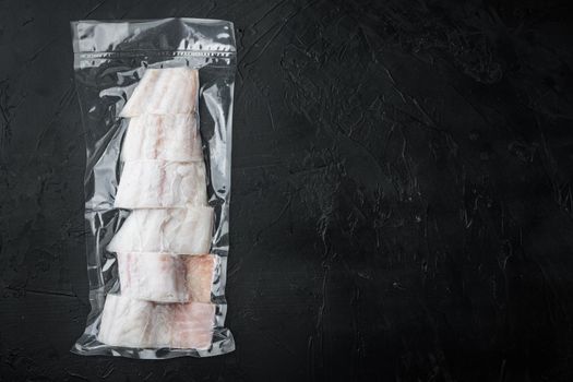 Haddock fish skinless in vacuum package, top view with copy space for text