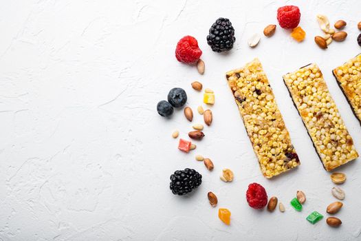 Energy bar snack, flat lay with space for text, on white background