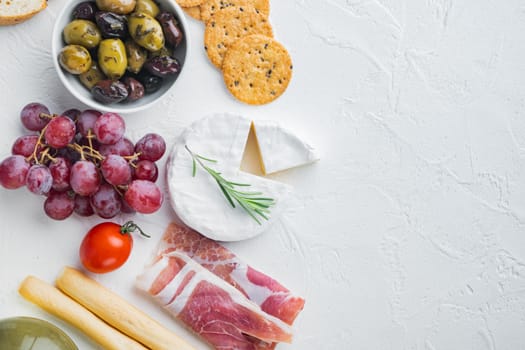 Ingredients for mediterranean food, meat cheede, herbs set, on white background, flat lay with copy space for text