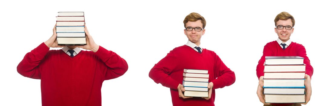 Funny student with books isolated on white