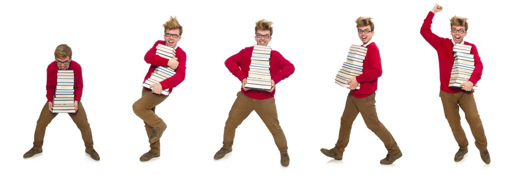 Funny student with books isolated on white