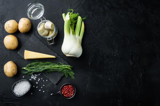 Fennel and artichoke with parmesan raw ingredient, on black textured background, flat lay with space for text