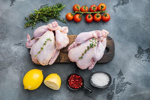 Fresh raw chicken meat with herbs and ingredients, on gray background, top view