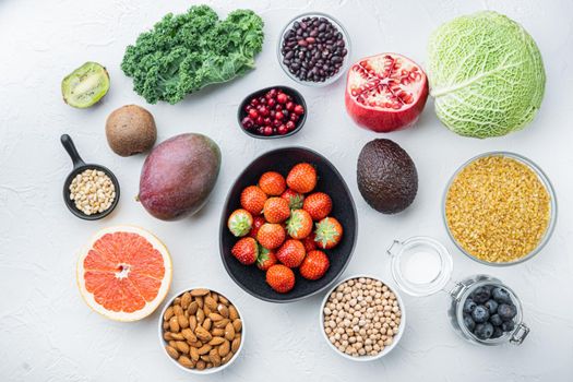 Healthy food clean selection, top view, on white background.