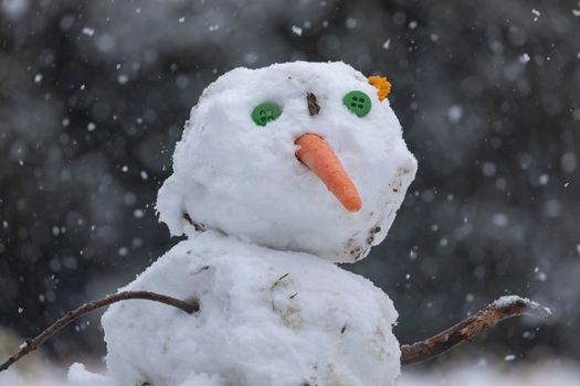 Madrid, Spain - January 08, 2021: Snowmen made by some kids, in the Buen Retiro park in Madrid, in the middle of a snowy day, due to a wave of polar cold.