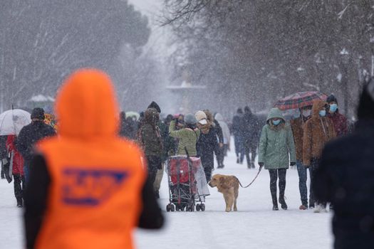 Madrid, Spain - January 08, 2021: People enjoying a walk through the Buen Retiro park in Madrid, in the middle of a snowy day, due to a wave of polar cold.