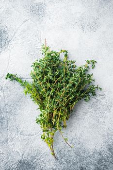 Thyme green fresh bunch, on gray background, top view