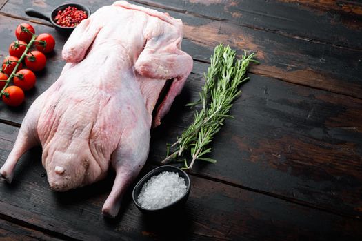 Raw young goose meat on old dark wooden table, with copy space.