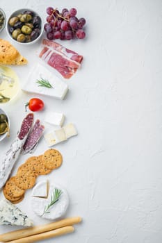 Ingredients for spanish food, meat cheede, herbs set, on white background, flat lay with copy space for text