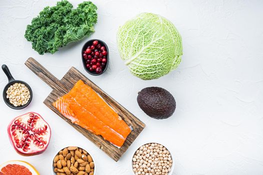 Healthy food, diet concept, top view with space for text, on white background.
