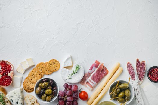 Ingredients for Italian food, meat cheede, herbs set, on white background, top view with copy space for text