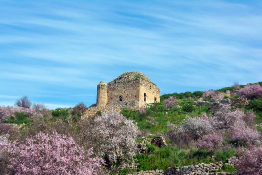 Medieval fortress Acrocorinth on a sunny day, Peloponnese, Greece.