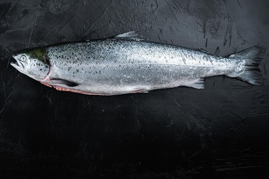 Fresh raw salmon red fish on black background, top view with copy space.
