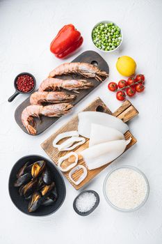 Seafood shrimps prawns squid mussels for paella on white background, top view, food photo.
