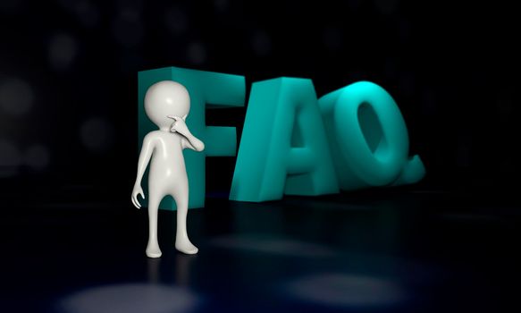 Human 3d model in front of FAQ text at dark background. Three-dimensional rendering with shadows and reflections - 3d rendering