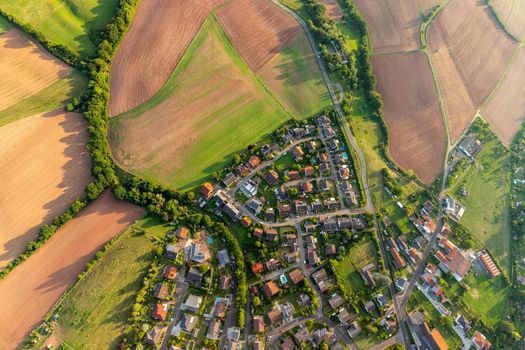 Aerial view at a landscape in Germany, Rhineland Palatinate near Bad Sobernheim with  meadow, farmland, forest, hills, mountains 