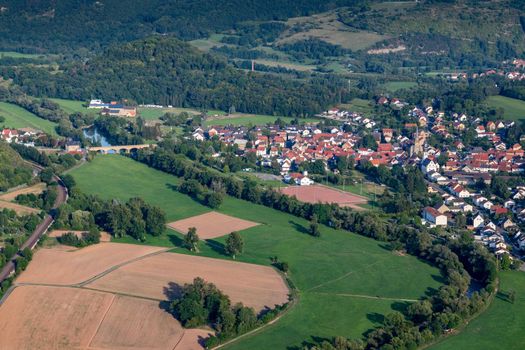 Aerial view at a landscape in Germany, Rhineland Palatinate near Bad Sobernheim with the river Nahe, meadow, farmland, forest, hills, mountains, Staudernheim